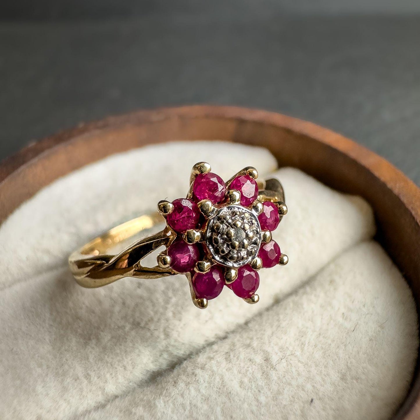 Vintage 9ct Solid Gold Ruby & Diamond Cluster Ring | Vintage Ruby and Diamond Flower Ring | 9ct Gold Jewelry | English Hallmarked | UK L |