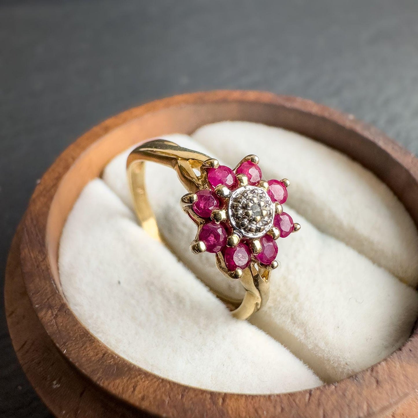 Vintage 9ct Solid Gold Ruby & Diamond Cluster Ring | Vintage Ruby and Diamond Flower Ring | 9ct Gold Jewelry | English Hallmarked | UK L |