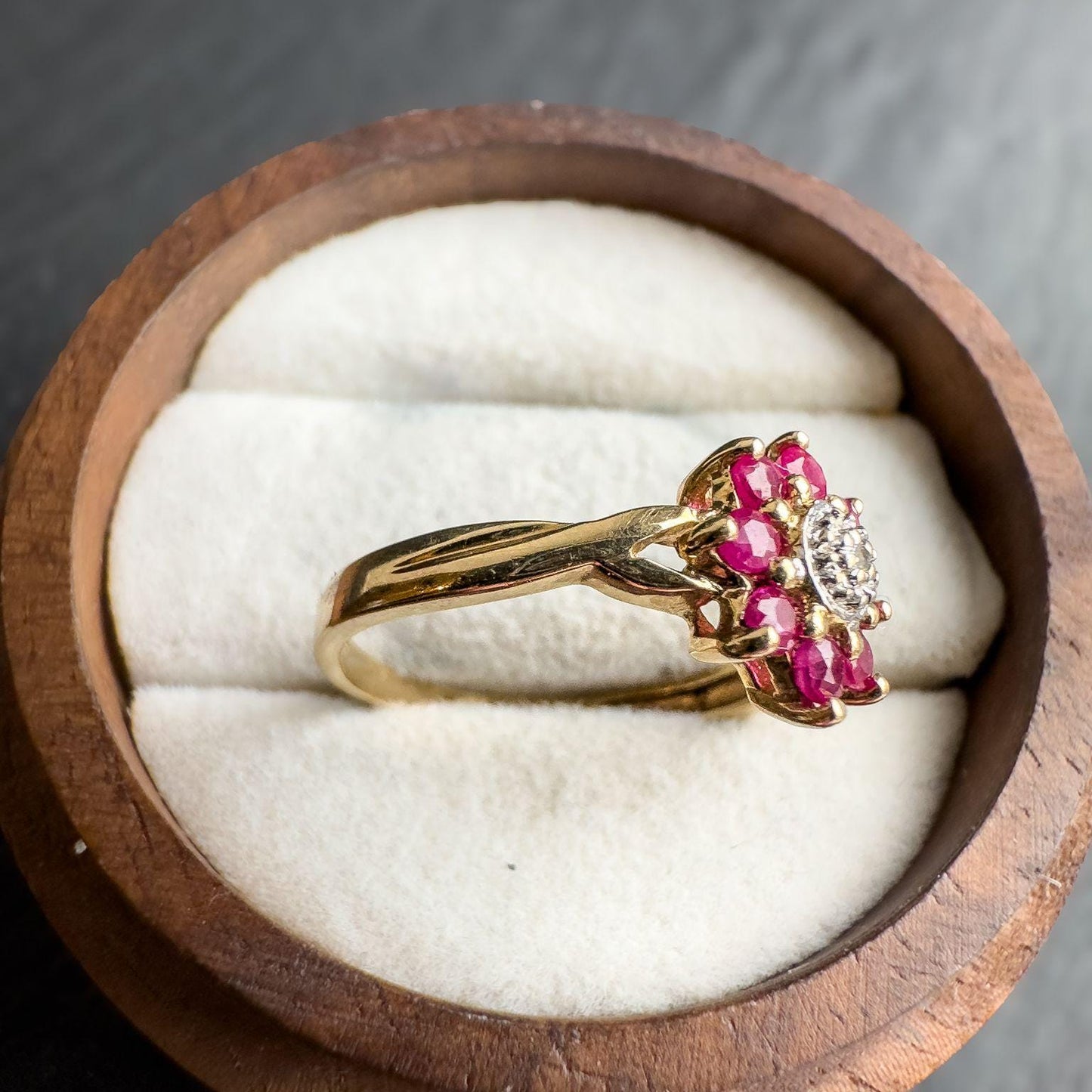 Vintage 9ct Solid Gold Ruby & Diamond Cluster Ring | Vintage Ruby and Diamond Flower Ring | 9ct Gold Jewelry | English Hallmarked | UK L |