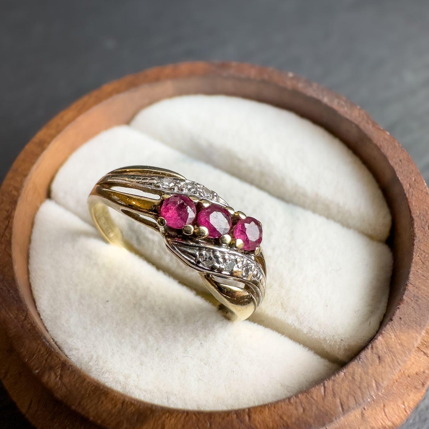 Vintage 9ct Solid Gold Ruby & Diamond Ring | 9k Gold Vintage Gemstone Ring | Elegant Ruby -Diamond Gold Ring | English Hallmarked | UK I 1/2