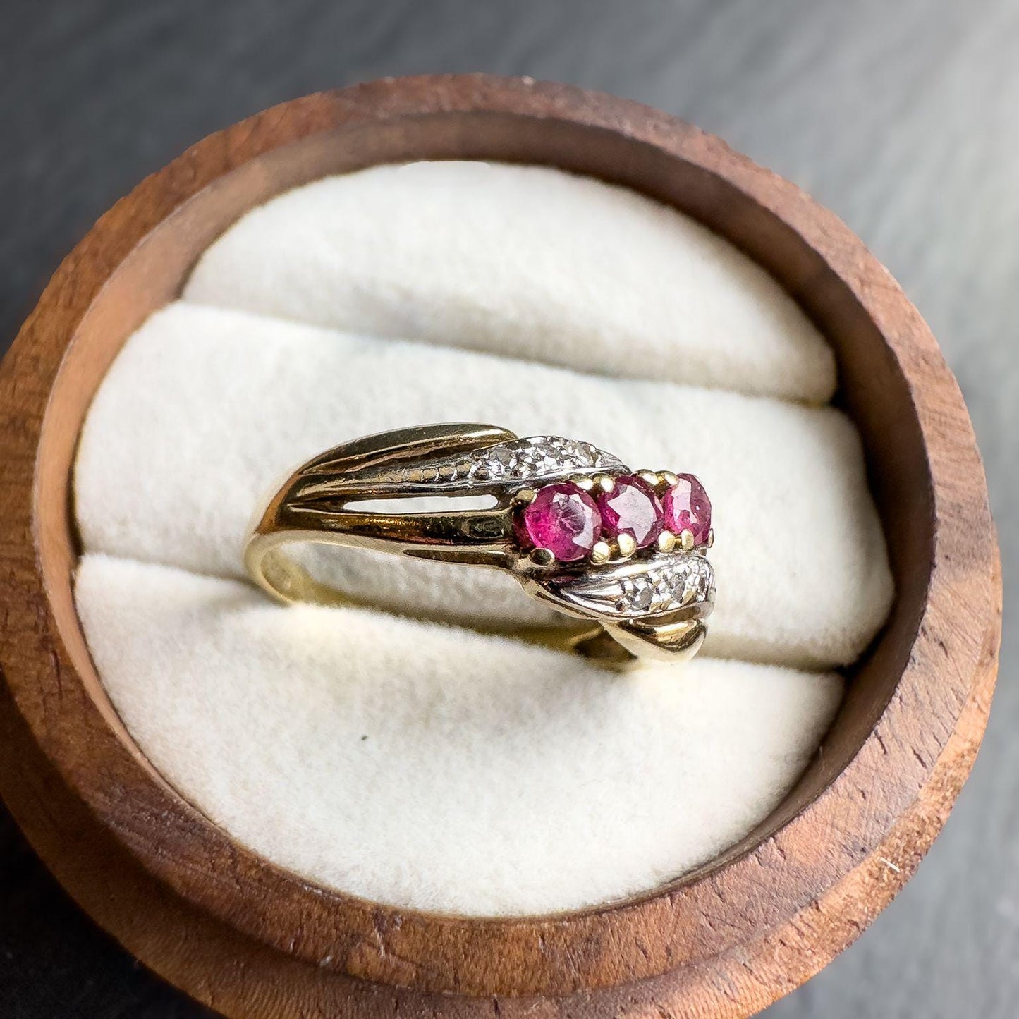 Vintage 9ct Solid Gold Ruby & Diamond Ring | 9k Gold Vintage Gemstone Ring | Elegant Ruby -Diamond Gold Ring | English Hallmarked | UK I 1/2
