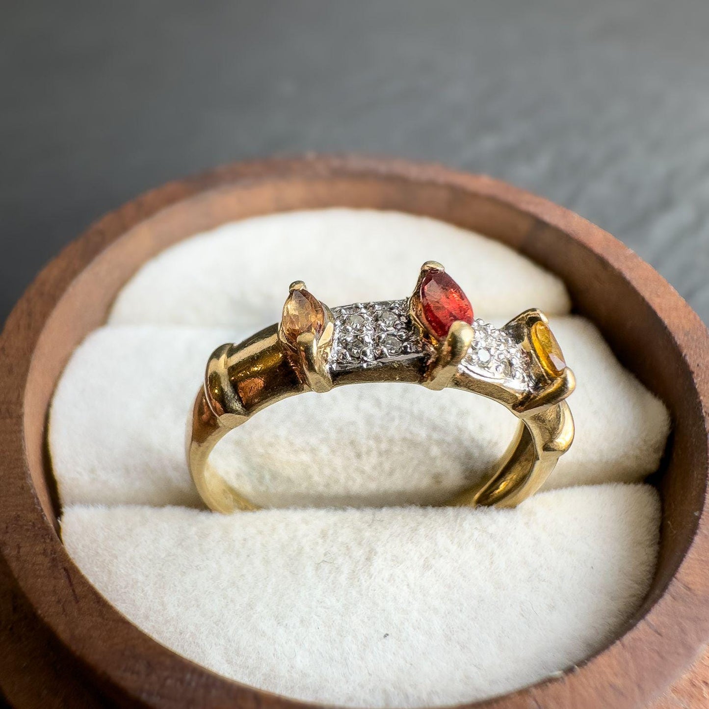 9ct Solid Gold Vintage Citrine and Ruby Ring | Art Deco Inspired Gemstone Band | English Hallmarked | UK N - US 6.75 | Resizable |