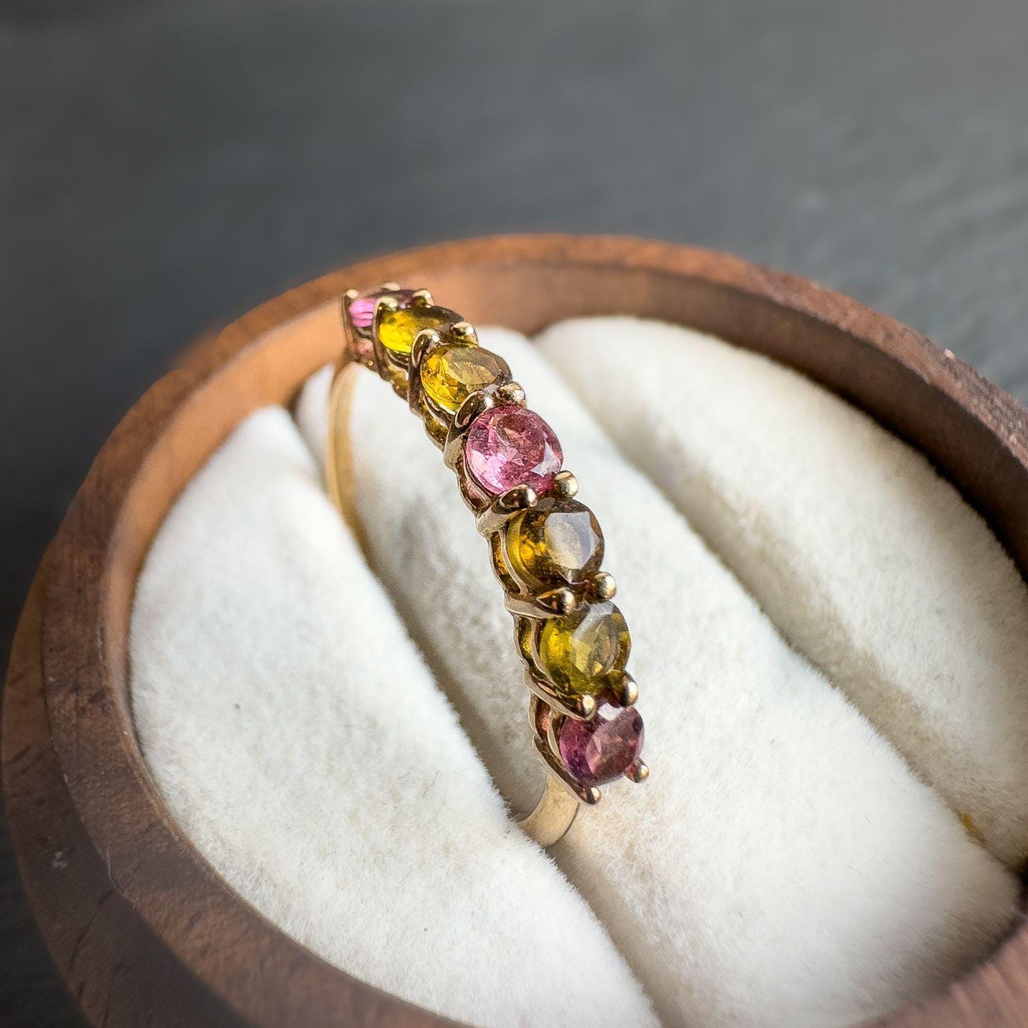 Vintage 9ct Gold Tourmaline Eternity Ring | Solid Gold Multi-Stone Band | Pink & Yellow Tourmaline Jewelry Gift | UK S - US 9 |