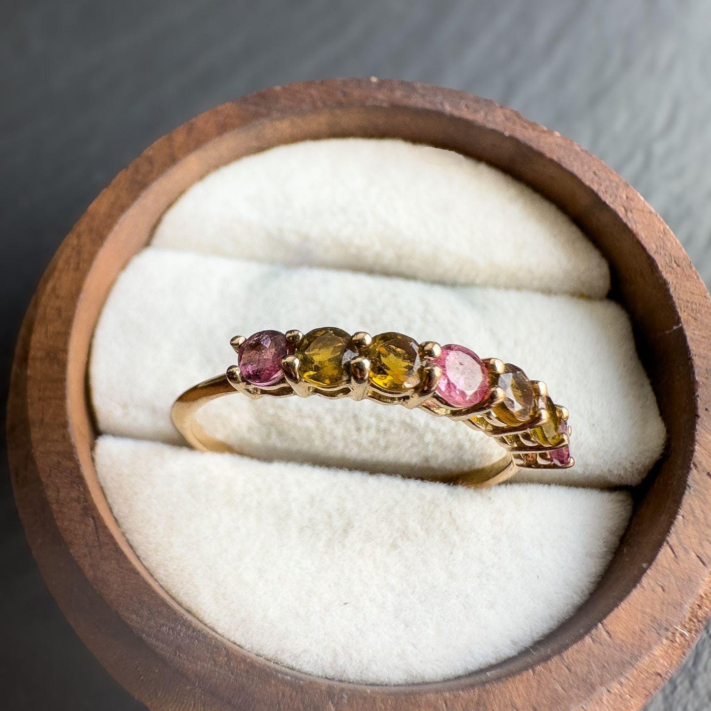 Vintage 9ct Gold Tourmaline Eternity Ring | Solid Gold Multi-Stone Band | Pink & Yellow Tourmaline Jewelry Gift | UK S - US 9 |