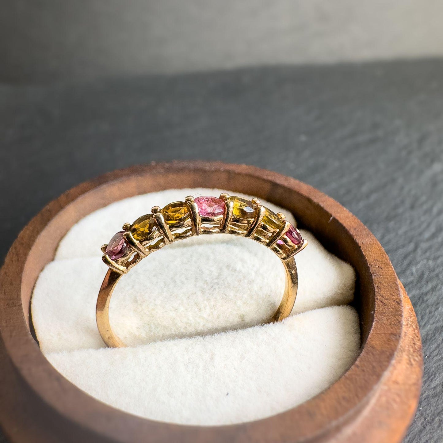 Vintage 9ct Gold Tourmaline Eternity Ring | Solid Gold Multi-Stone Band | Pink & Yellow Tourmaline Jewelry Gift | UK S - US 9 |
