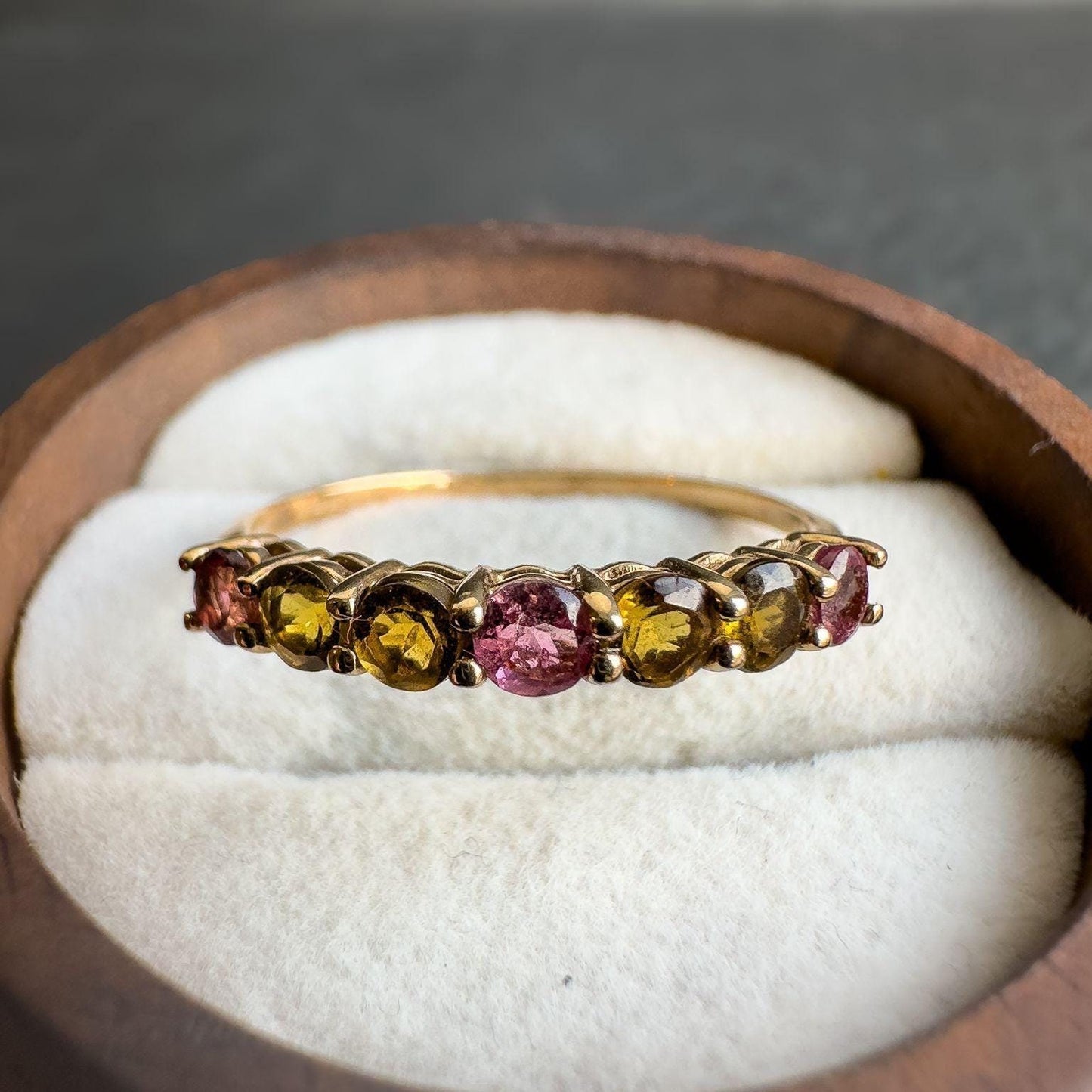 Vintage 9ct Gold Tourmaline Eternity Ring | Solid Gold Multi-Stone Band | Pink & Yellow Tourmaline Jewelry Gift | UK S - US 9 |