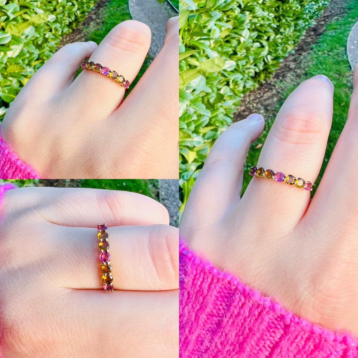 Vintage 9ct Gold Tourmaline Eternity Ring | Solid Gold Multi-Stone Band | Pink & Yellow Tourmaline Jewelry Gift | UK S - US 9 |