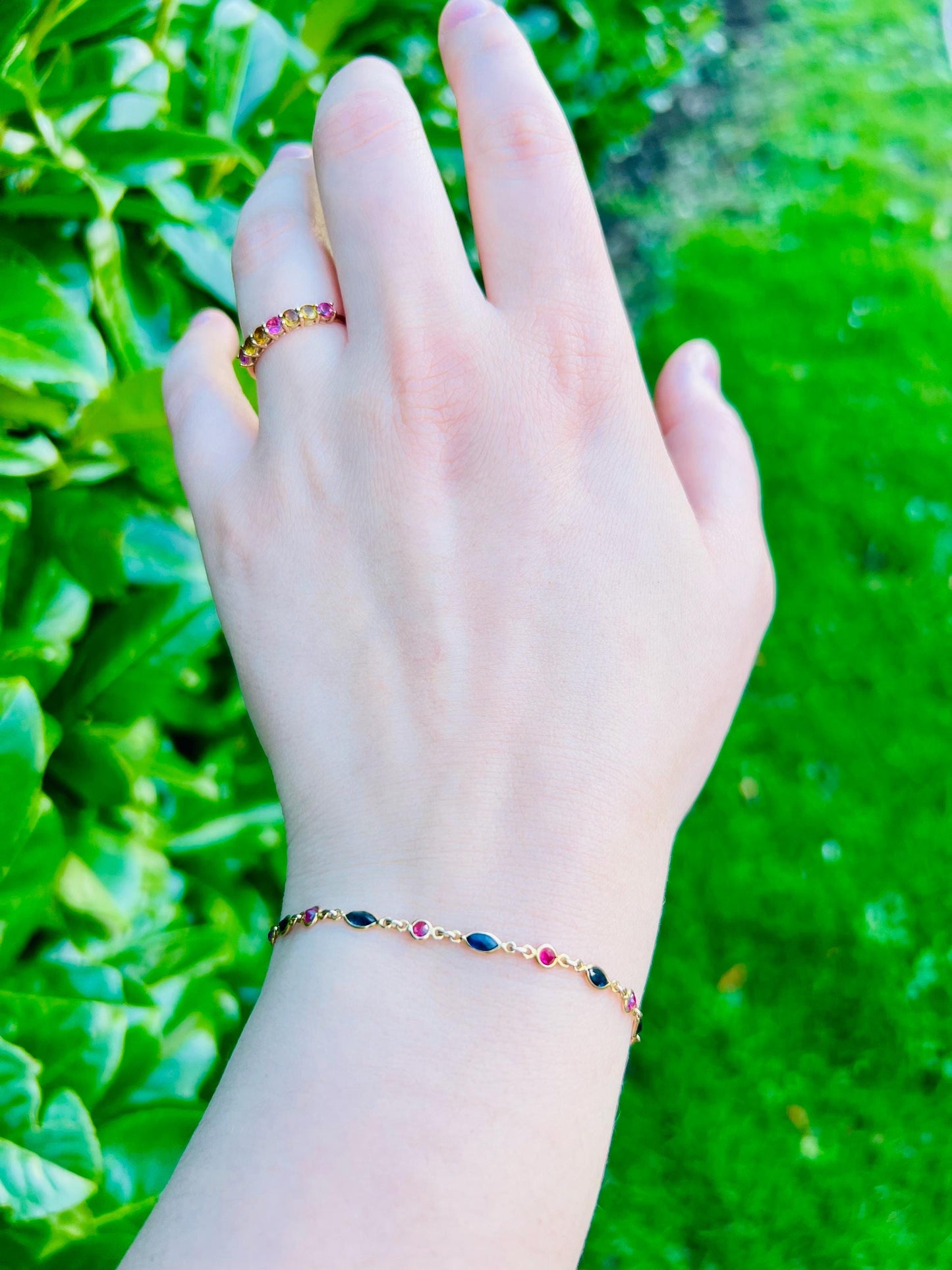 Vintage 9ct Solid Gold Sapphire & Ruby Bracelet |Elegant Gold Link Bracelet |Retro Fine Jewelry |9K Gold Chain Bracelet | English Hallmarked