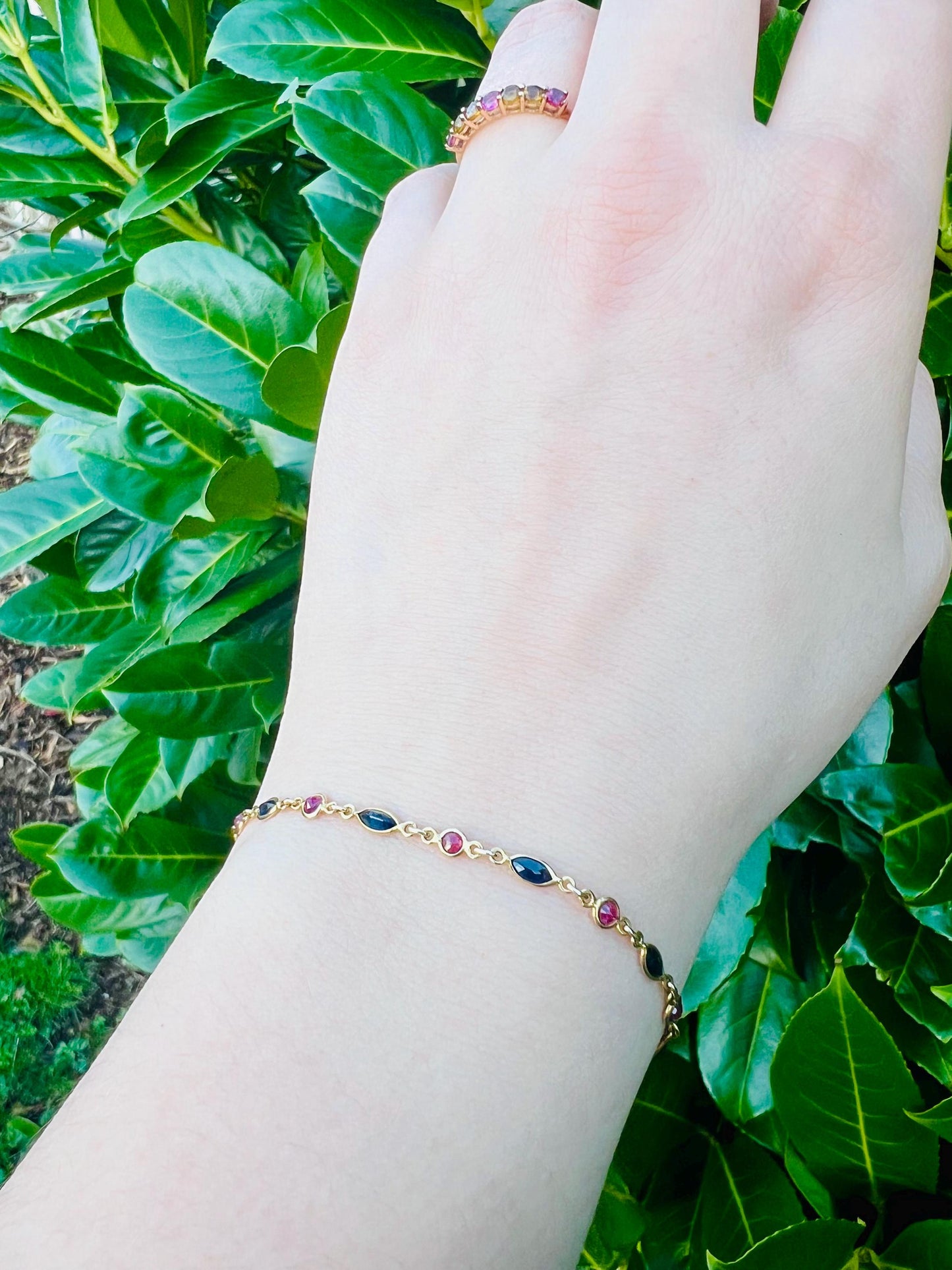 Vintage 9ct Solid Gold Sapphire & Ruby Bracelet |Elegant Gold Link Bracelet |Retro Fine Jewelry |9K Gold Chain Bracelet | English Hallmarked