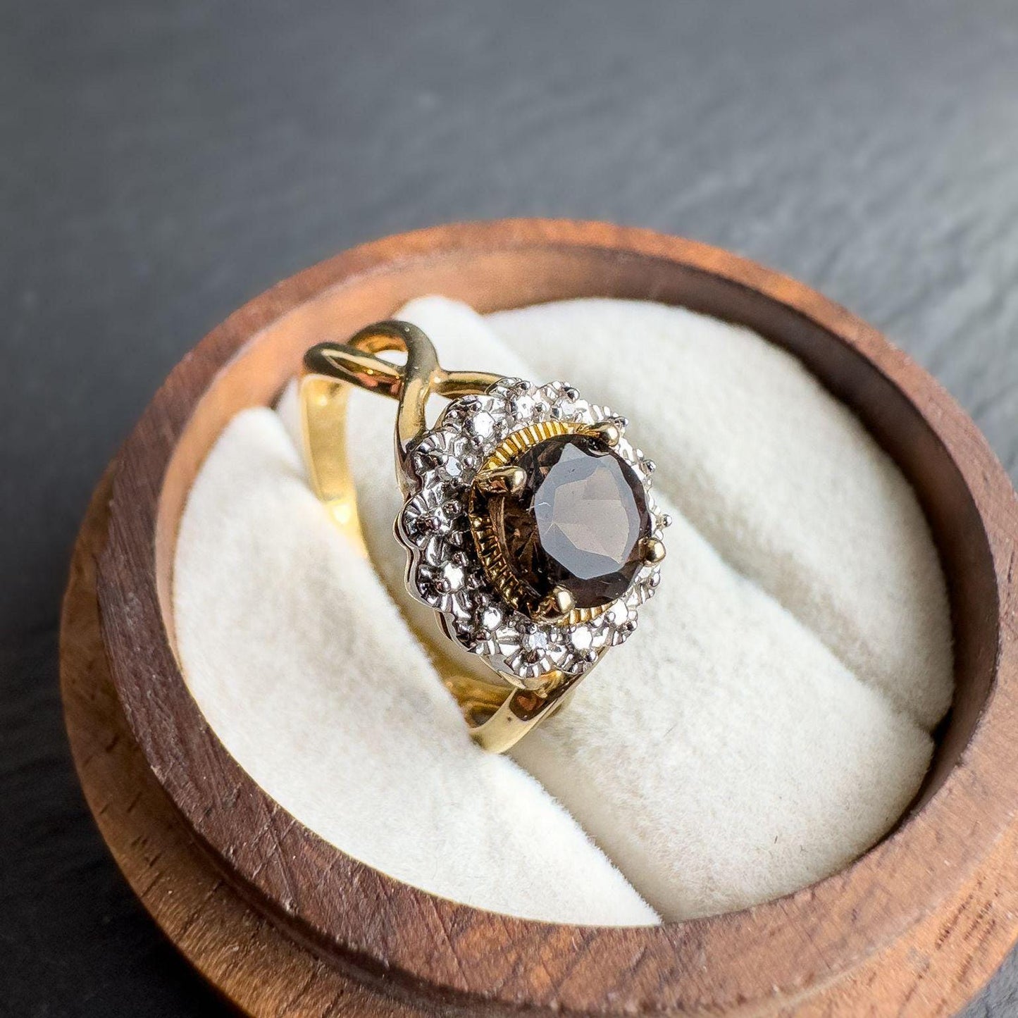 Stunning Vintage 9ct Solid Gold Smoky Quartz & Diamond Cluster Ring | Elegant Cocktail Ring | English Hallmarks | UK N - US 6.75 | Resizable