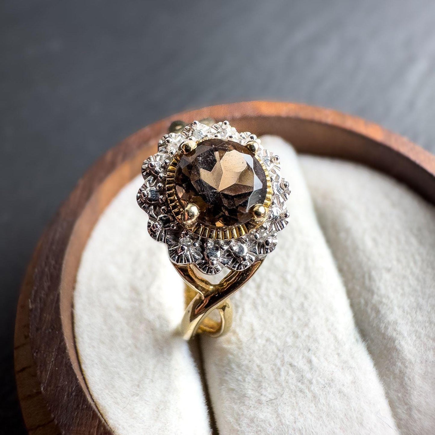Stunning Vintage 9ct Solid Gold Smoky Quartz & Diamond Cluster Ring | Elegant Cocktail Ring | English Hallmarks | UK N - US 6.75 | Resizable