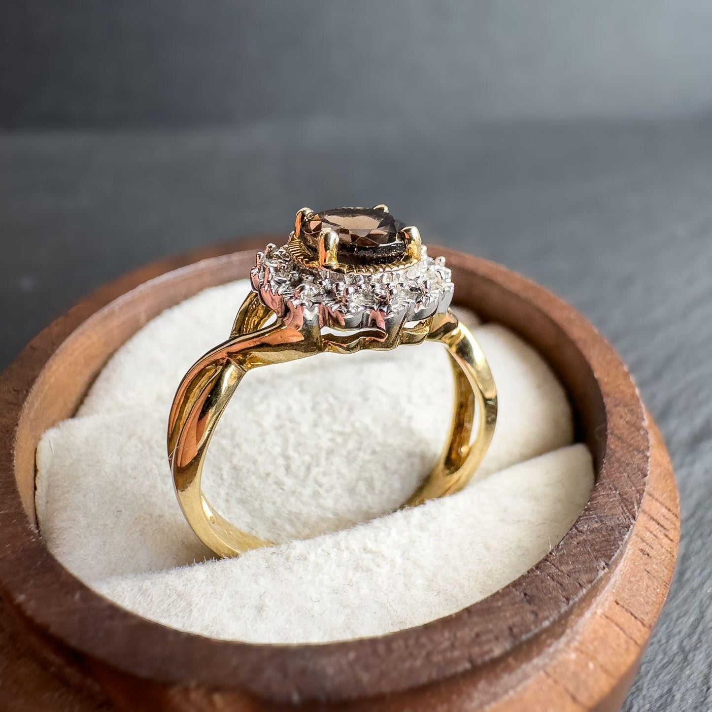 Stunning Vintage 9ct Solid Gold Smoky Quartz & Diamond Cluster Ring | Elegant Cocktail Ring | English Hallmarks | UK N - US 6.75 | Resizable