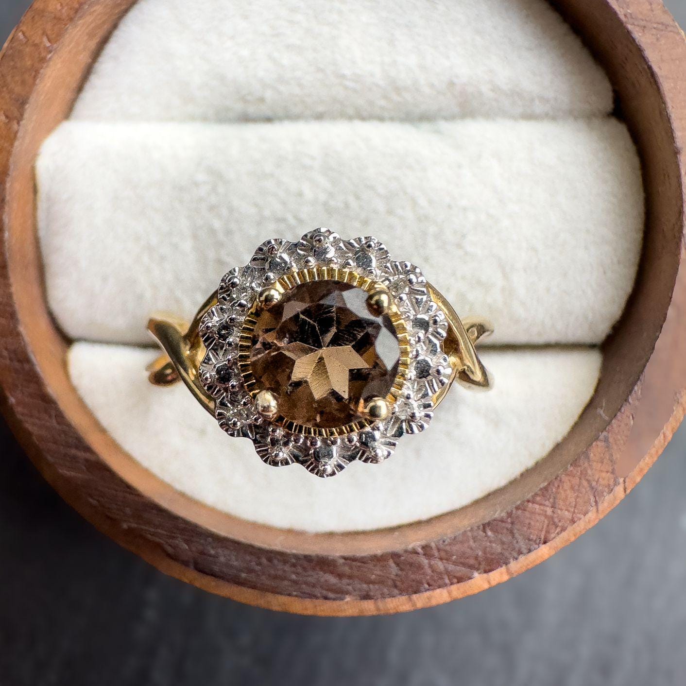 Stunning Vintage 9ct Solid Gold Smoky Quartz & Diamond Cluster Ring | Elegant Cocktail Ring | English Hallmarks | UK N - US 6.75 | Resizable