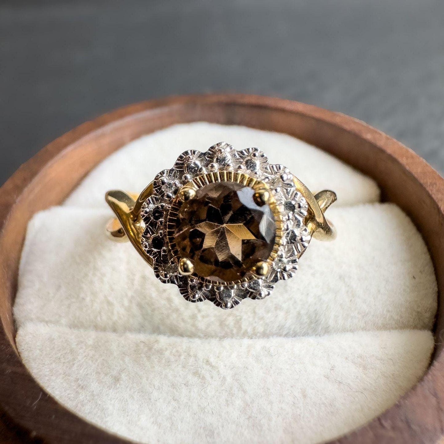 Stunning Vintage 9ct Solid Gold Smoky Quartz & Diamond Cluster Ring | Elegant Cocktail Ring | English Hallmarks | UK N - US 6.75 | Resizable