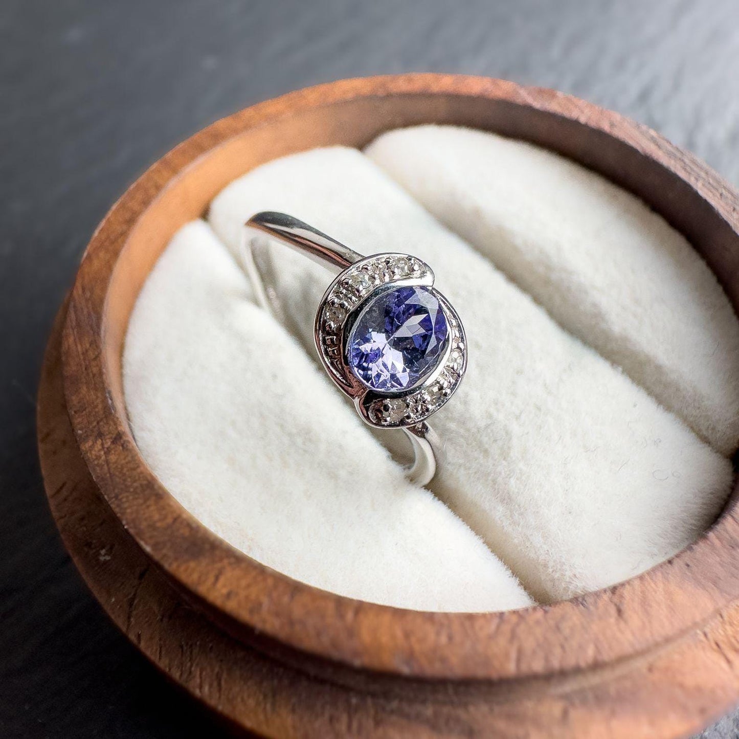 Elegant 9ct White Gold Tanzanite & Diamond Halo Ring - Oval Cut Tanzanite With Sparkling Diamonds - UK J 1/2 - US 5 - Resizable