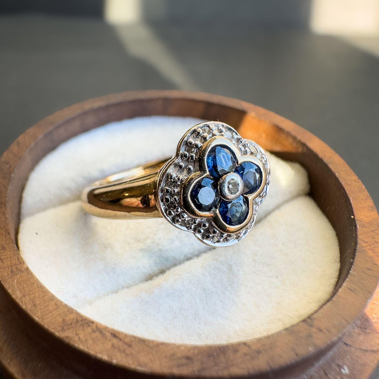 9ct Solid Gold Vintage Sapphire & Diamond Ring, Floral Cluster Design, Blue Sapphire and White Diamond Cocktail Ring | UK P - US 7.5