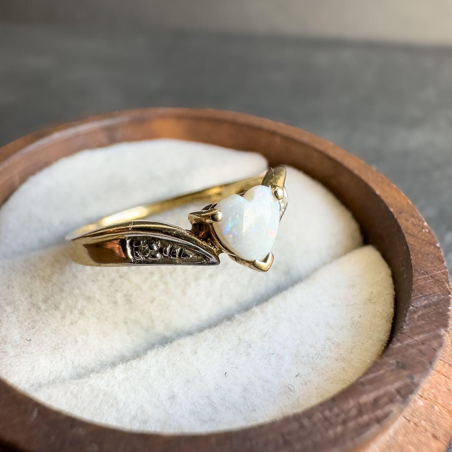 Vintage 9ct Solid Gold Opal and Diamond Ring | UK N - US 7 | Heart Cut Gemstone | English Hallmarked |Classic Vintage Style Jewelry |