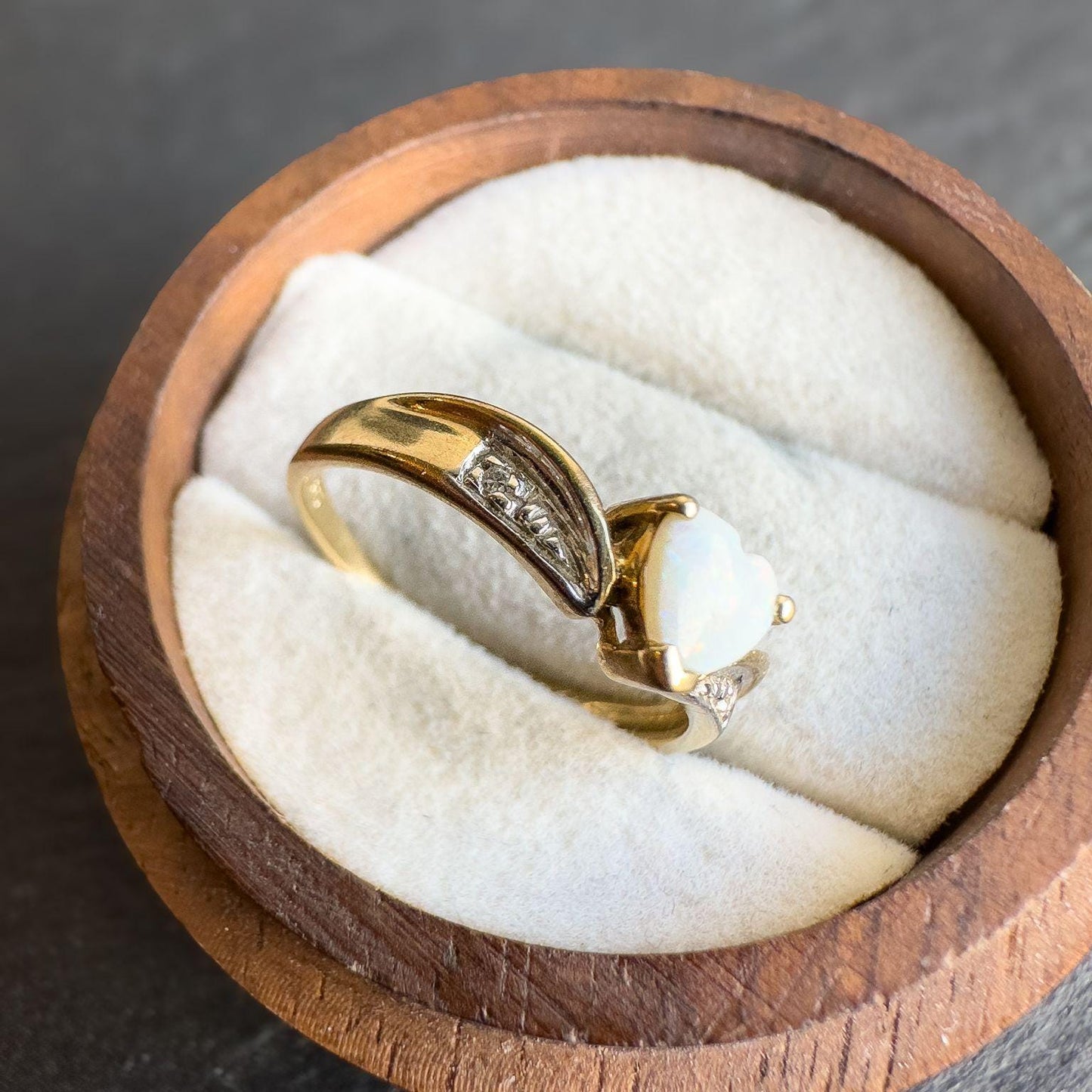 Vintage 9ct Solid Gold Opal and Diamond Ring | UK N - US 7 | Heart Cut Gemstone | English Hallmarked |Classic Vintage Style Jewelry |