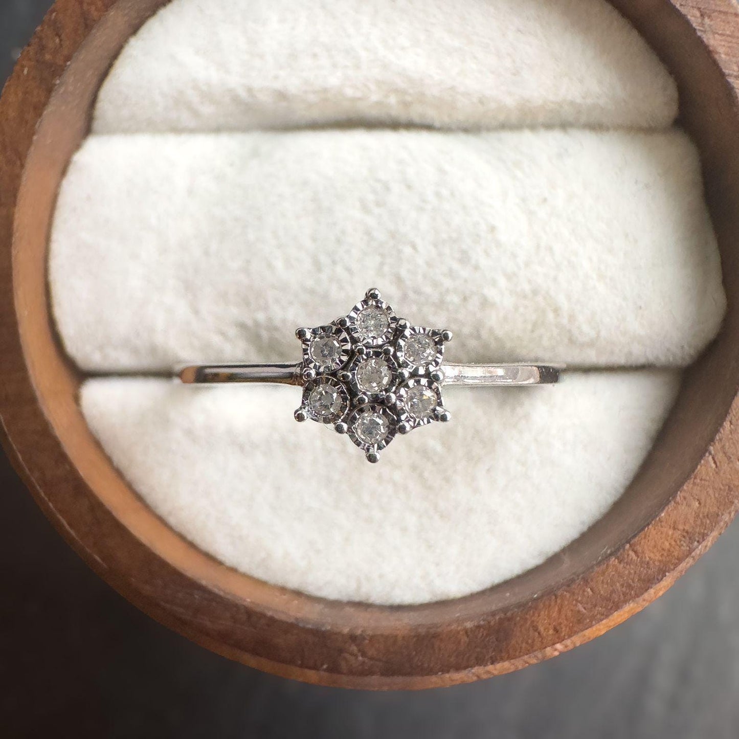 Vintage 9ct Solid White Gold Diamond Ring | Floral Cluster Design | Solid Gold Engagement Ring | UK P - US 7.5 | Resizable | Dainty Gift |