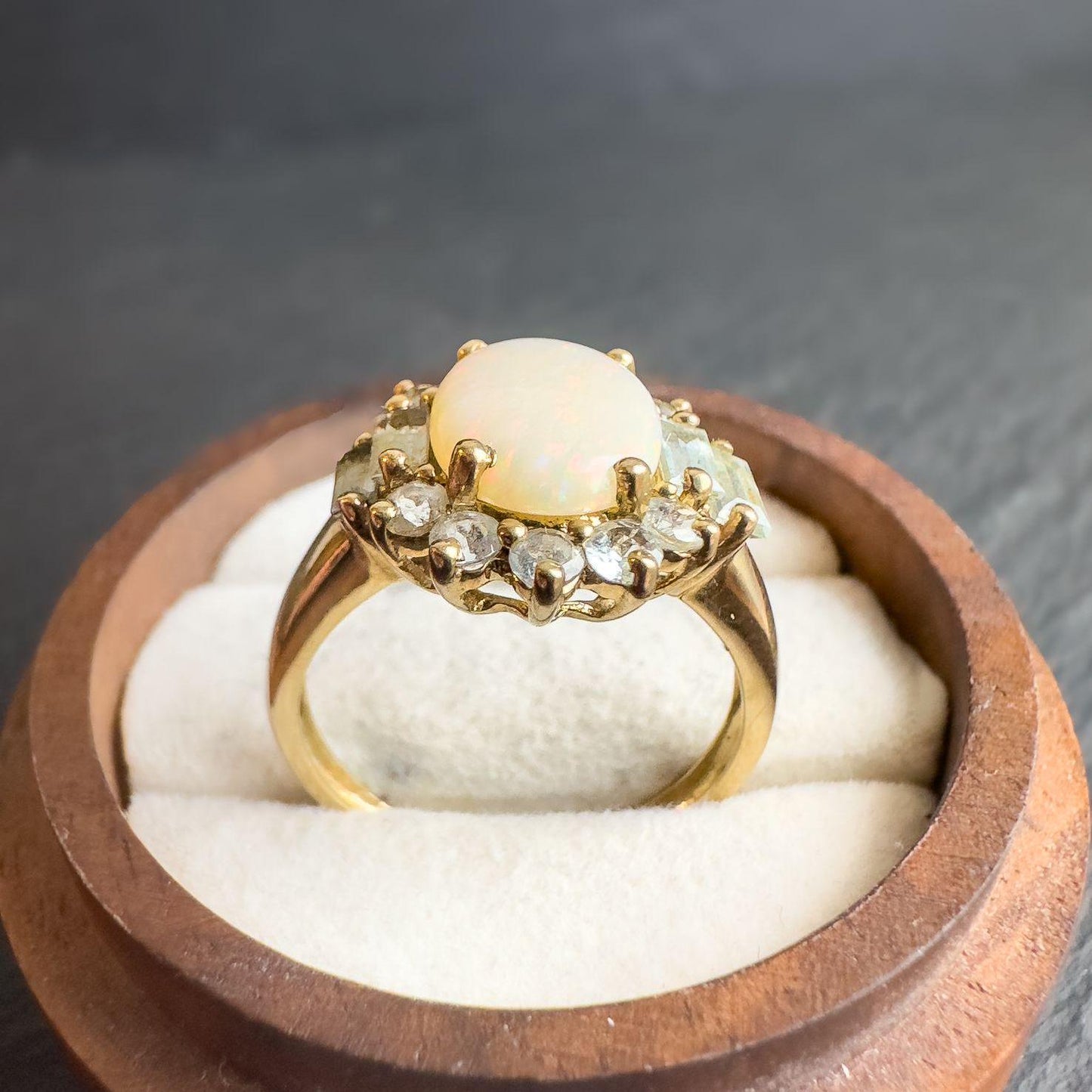 9ct Solid Gold Vintage Opal and Aquamarine Ring | UK P / US 8 | English Hallmarked | Stunning Oval Opal with Aqua Accents | Resizable |