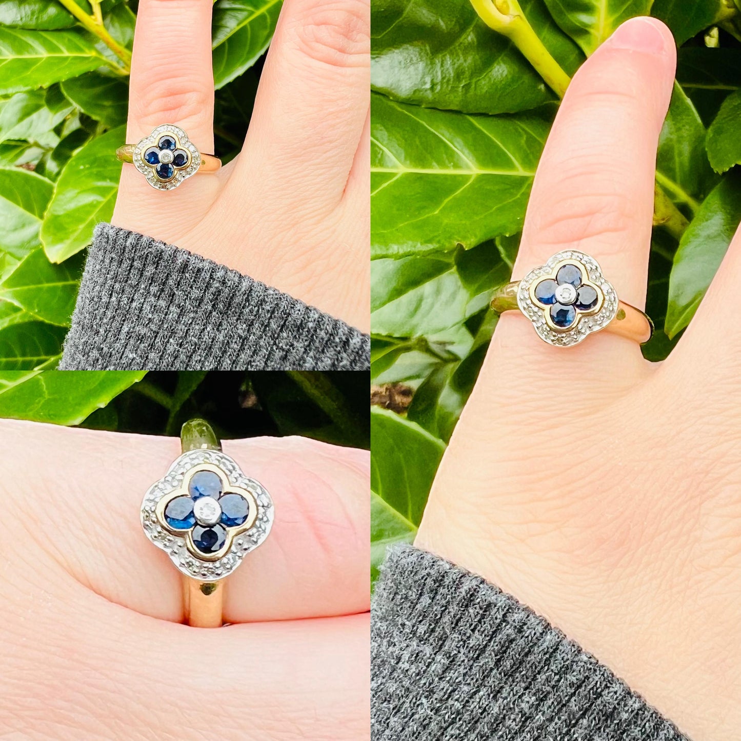 9ct Solid Gold Vintage Sapphire & Diamond Ring, Floral Cluster Design, Blue Sapphire and White Diamond Cocktail Ring | UK P - US 7.5