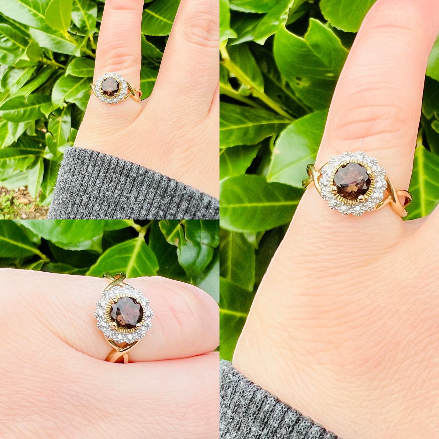Stunning Vintage 9ct Solid Gold Smoky Quartz & Diamond Cluster Ring | Elegant Cocktail Ring | English Hallmarks | UK N - US 6.75 | Resizable