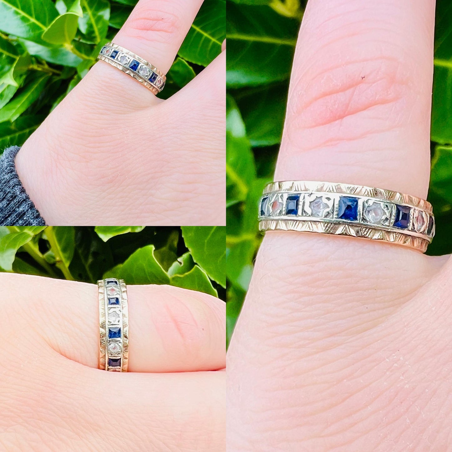 9ct Vintage Solid Gold Sapphire and White Spinel Band Ring | Elegant Gemstone Eternity Ring | UK N - US 7 | Intricate Eternity Band |