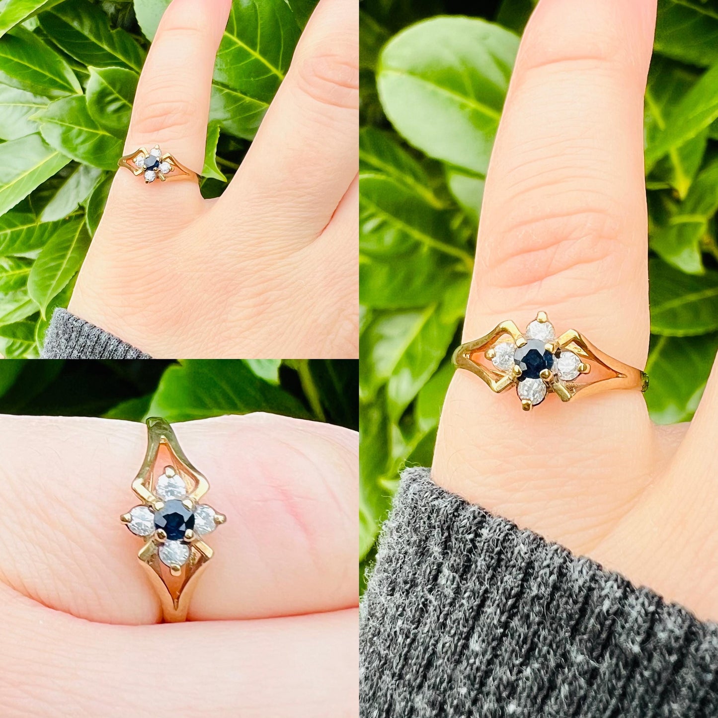Vintage 9ct Gold Sapphire Ring | Elegant Quartz CZ Cluster | Solid Gold Statement Jewelry | English Hallmarks | UK M - US 6.25 |