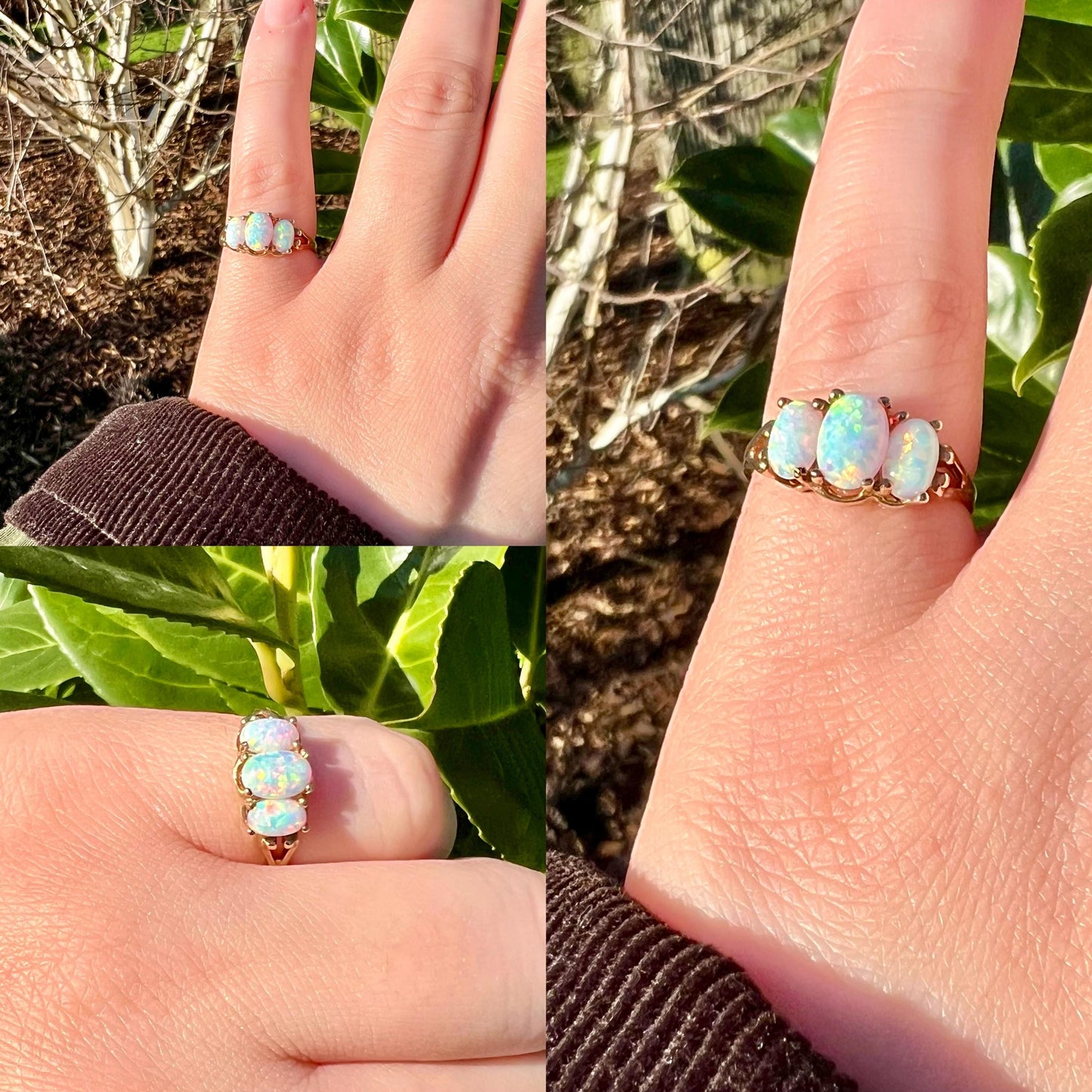 9ct Solid Gold Vintage Opal Trilogy Ring | Oval Cabochon Opals | Unique Gift for Her | English Hallmarks | UK M 1/2 - US 6.5 - Resizable