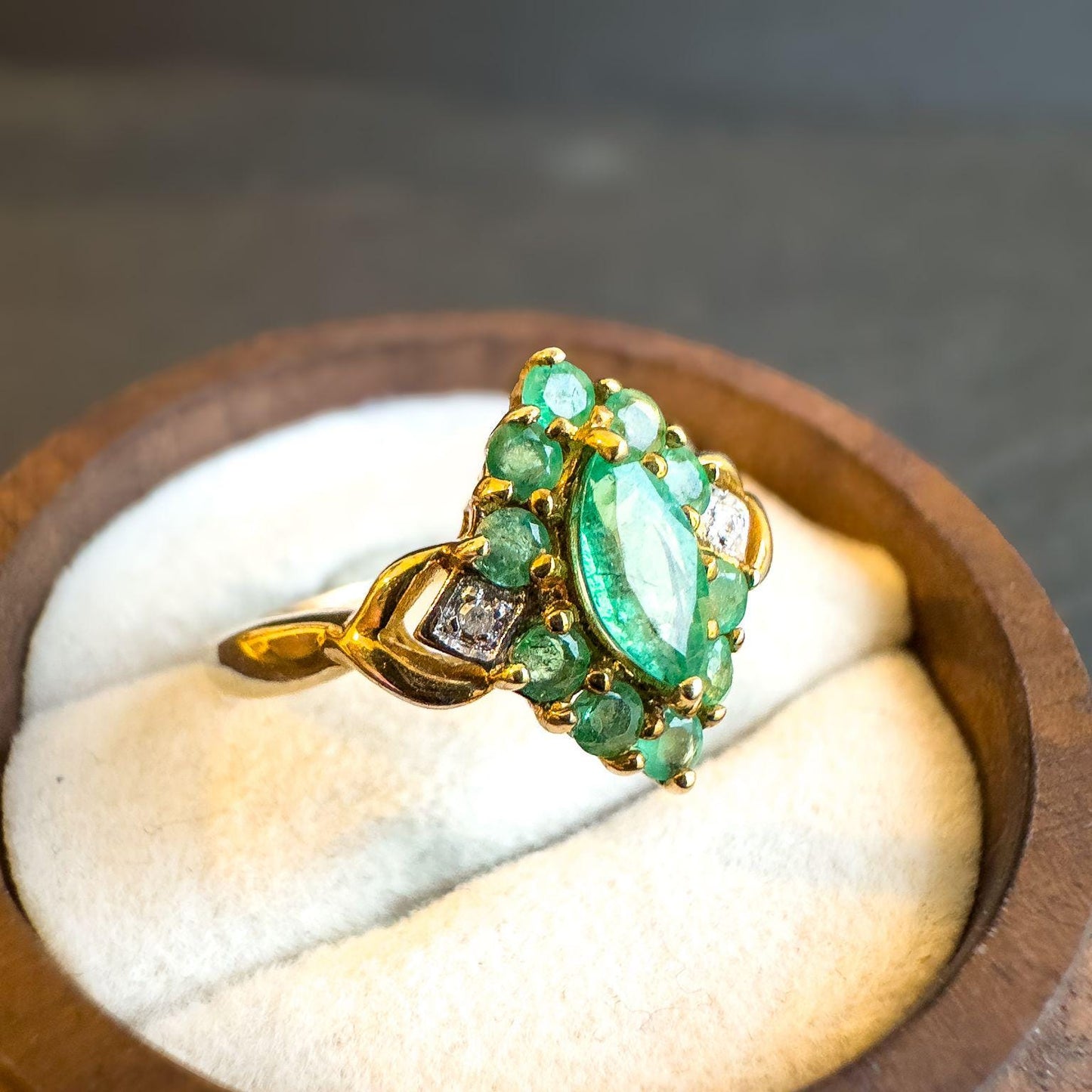 Vintage 9ct Solid Gold Emerald & Diamond Ring | Cluster Design | UK P - US 7.75 | Classic Green Gemstone Ring Gift for Her |