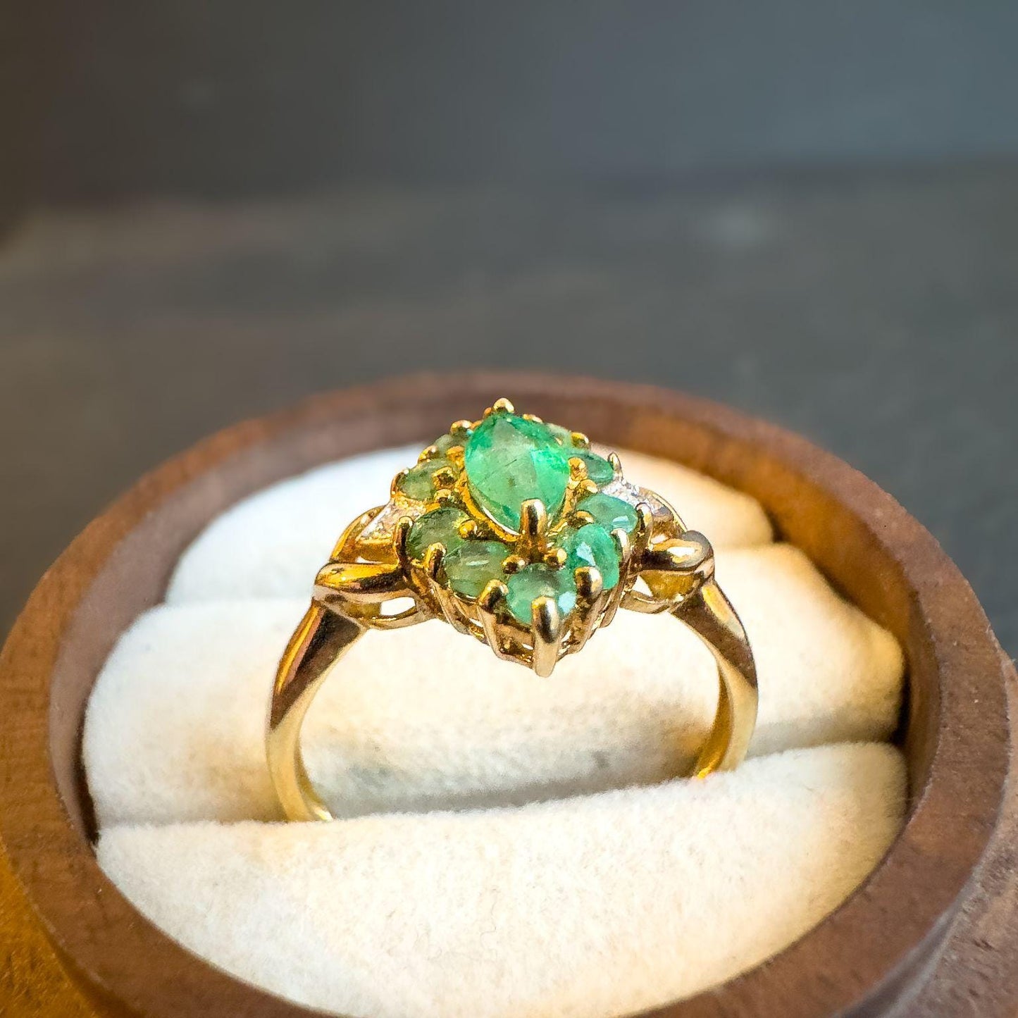 Vintage 9ct Solid Gold Emerald & Diamond Ring | Cluster Design | UK P - US 7.75 | Classic Green Gemstone Ring Gift for Her |
