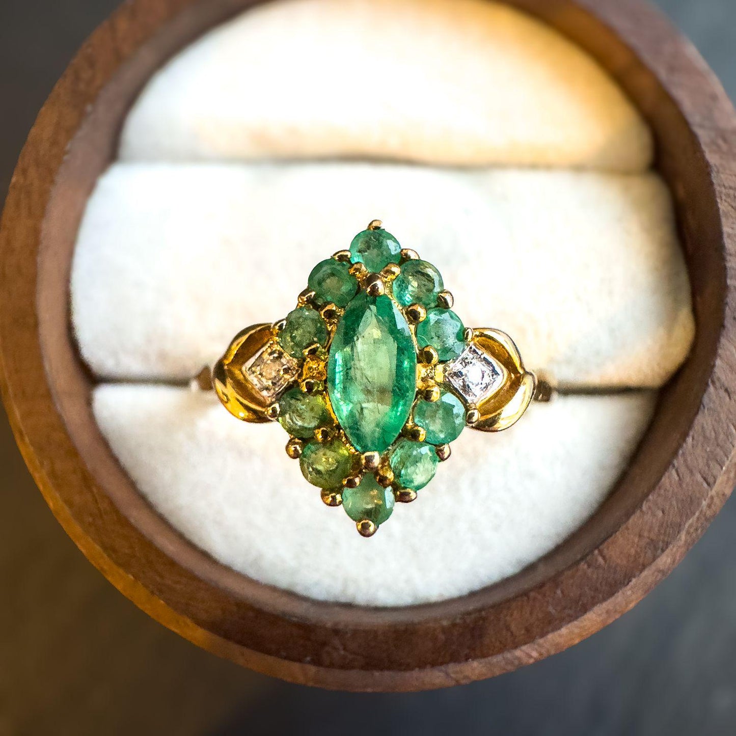 Vintage 9ct Solid Gold Emerald & Diamond Ring | Cluster Design | UK P - US 7.75 | Classic Green Gemstone Ring Gift for Her |