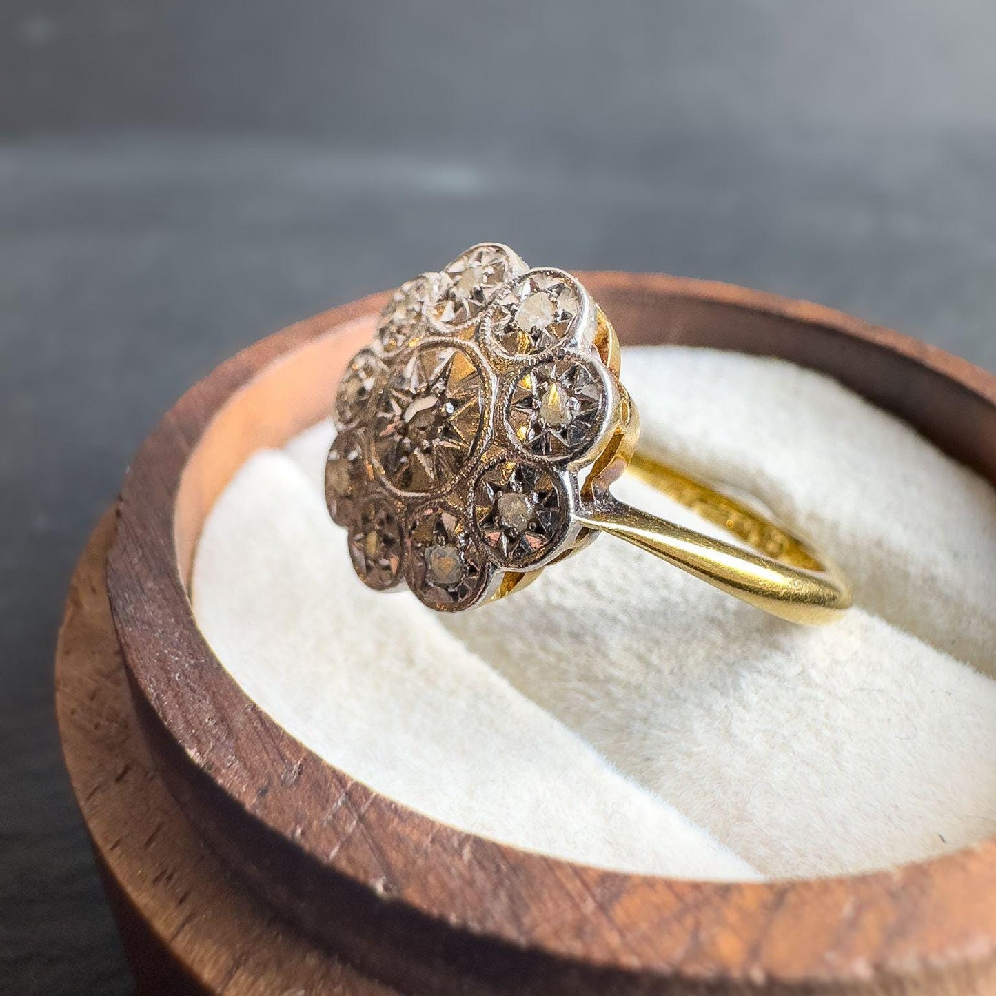 18ct Solid Gold & Platinum Antique Diamond Ring | 1920s Old Cut Diamond Cluster Ring | UK N 1/2 - US 7 | Antique Heirloom Jewelry |Resizable