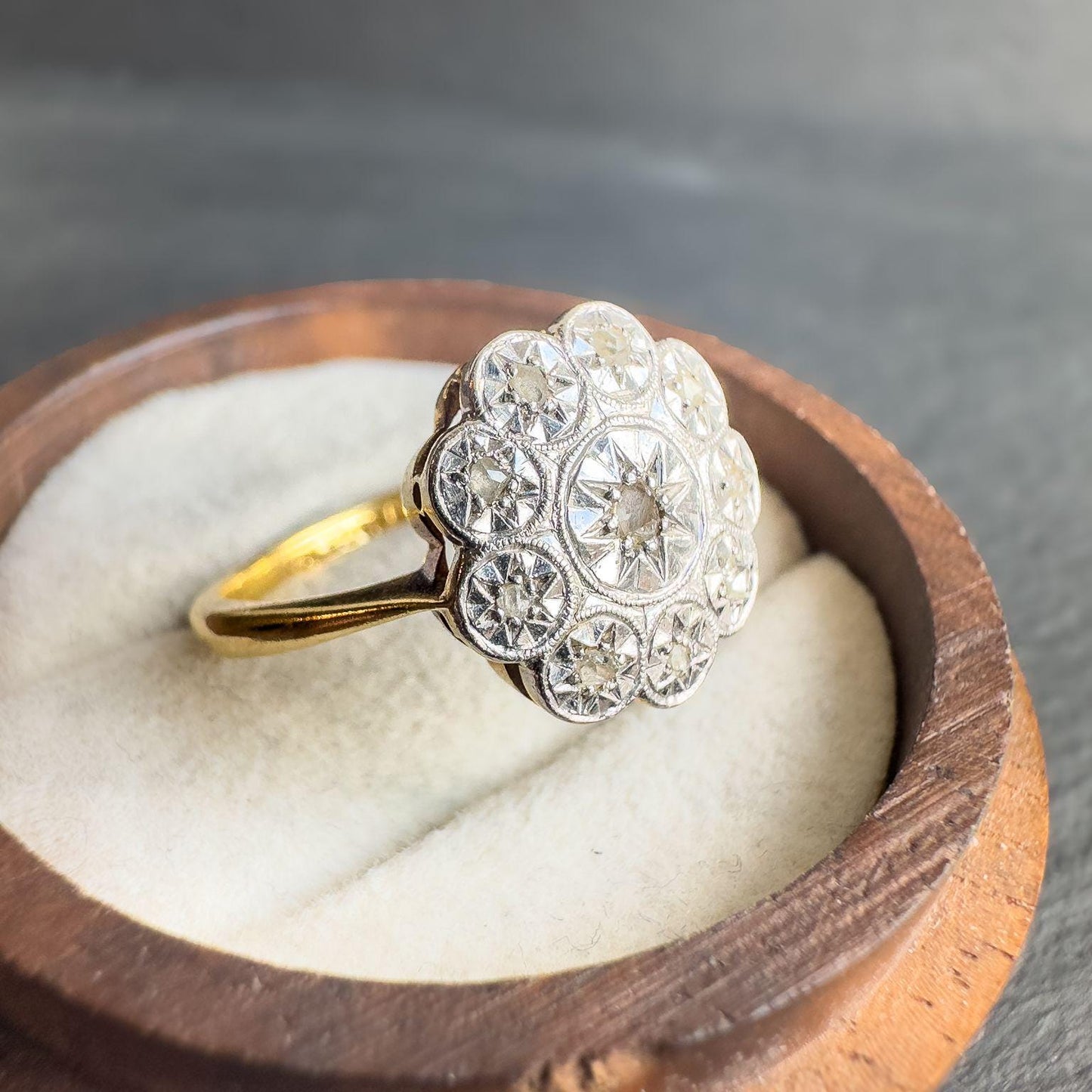 18ct Solid Gold & Platinum Antique Diamond Ring | 1920s Old Cut Diamond Cluster Ring | UK N 1/2 - US 7 | Antique Heirloom Jewelry |Resizable