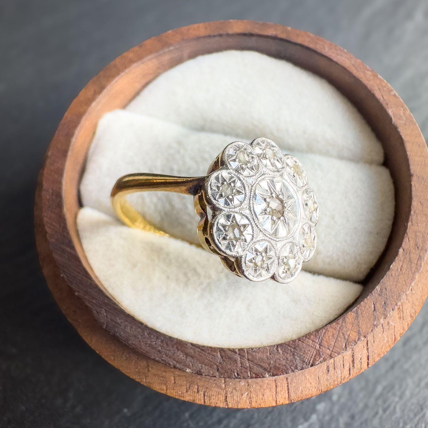18ct Solid Gold & Platinum Antique Diamond Ring | 1920s Old Cut Diamond Cluster Ring | UK N 1/2 - US 7 | Antique Heirloom Jewelry |Resizable
