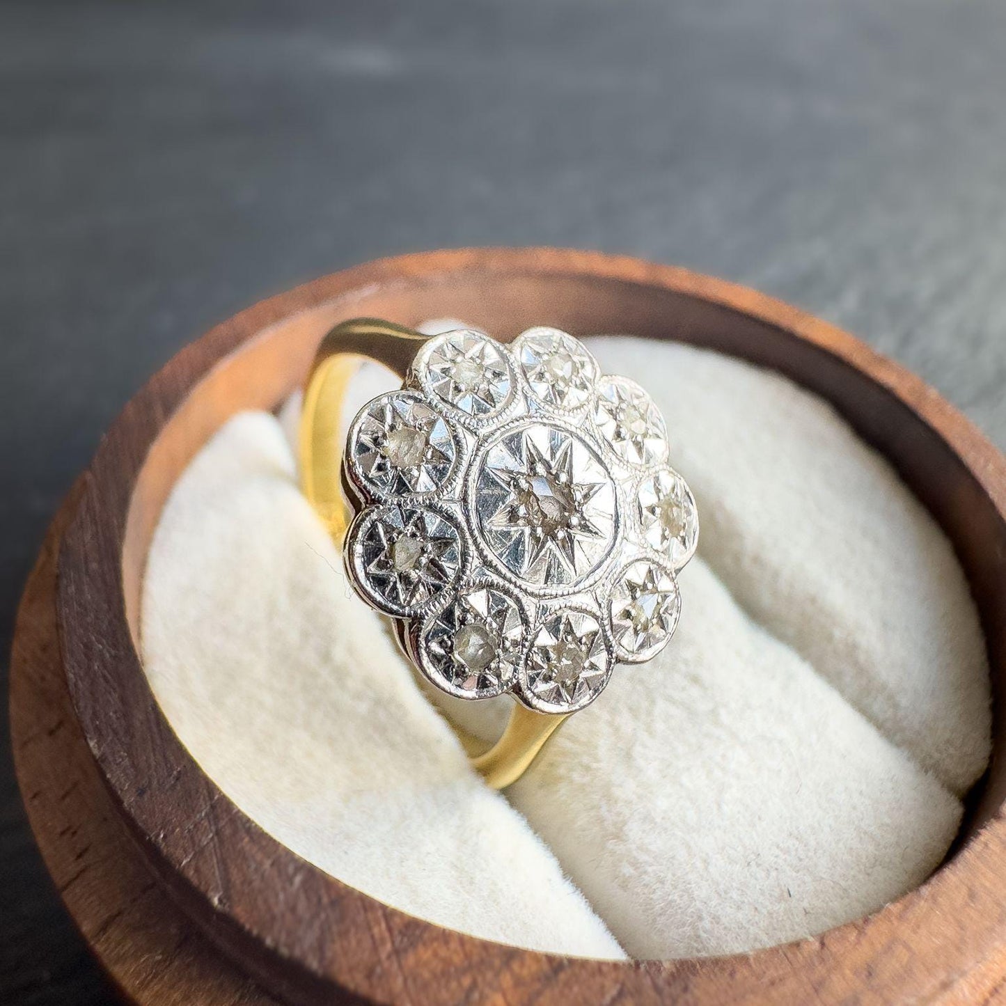 18ct Solid Gold & Platinum Antique Diamond Ring | 1920s Old Cut Diamond Cluster Ring | UK N 1/2 - US 7 | Antique Heirloom Jewelry |Resizable
