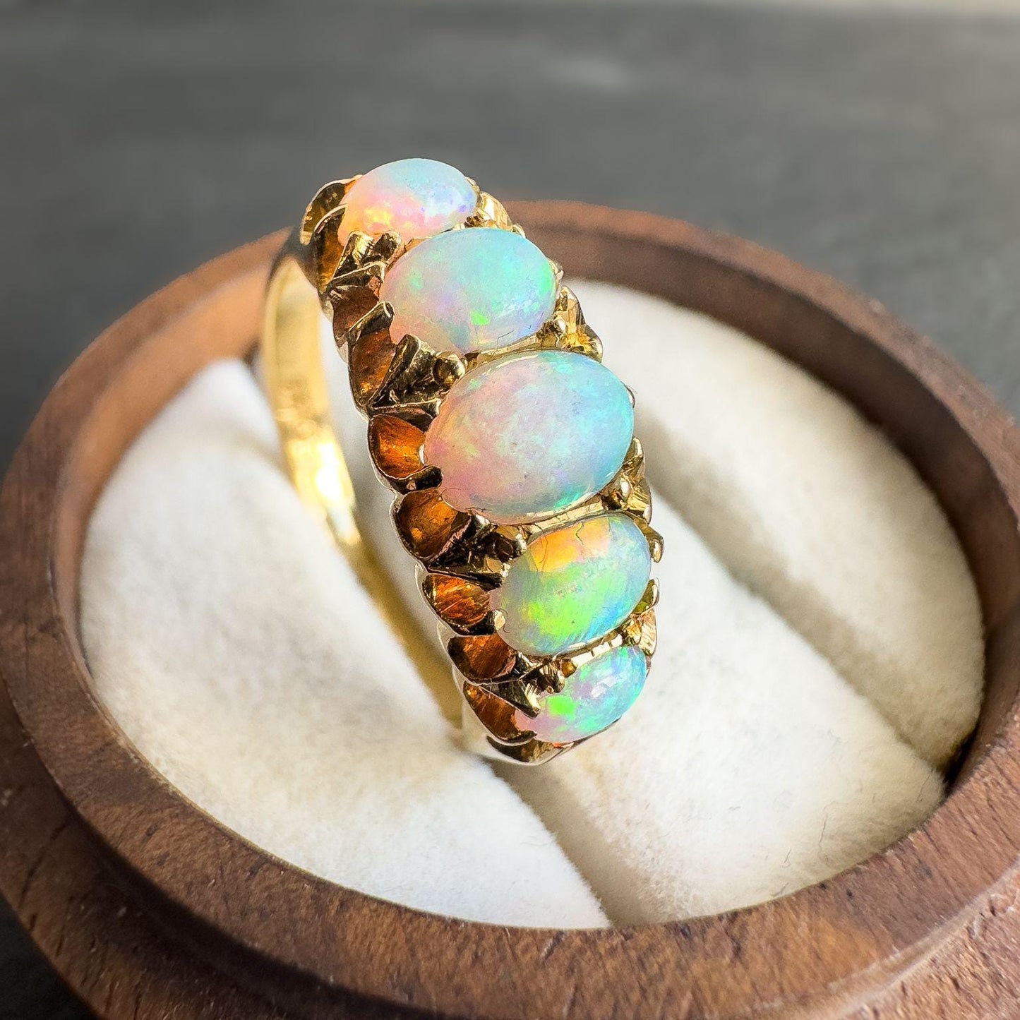 Victorian 18ct Gold Antique Opal Ring | Antique 1910s 5-Stone Opal Band | UK P 1/2 - US 8 | Solid Gold Opal Ring | Resizable |