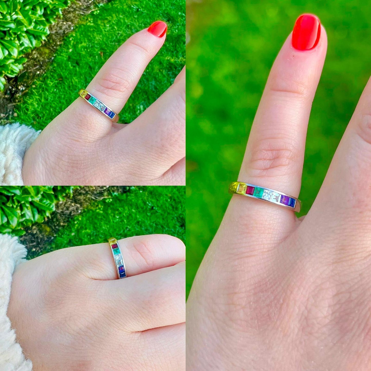 18ct Solid Gold Vintage Rainbow Gemstone Ring | Topaz, Ruby, Emerald, Diamond, Aquamarine, Amethyst, Sapphire, Ring | UK N / US 7 |