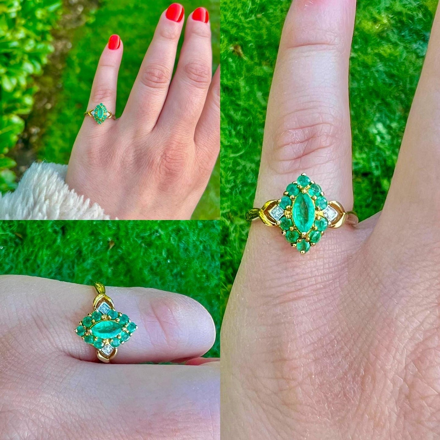 Vintage 9ct Solid Gold Emerald & Diamond Ring | Cluster Design | UK P - US 7.75 | Classic Green Gemstone Ring Gift for Her |