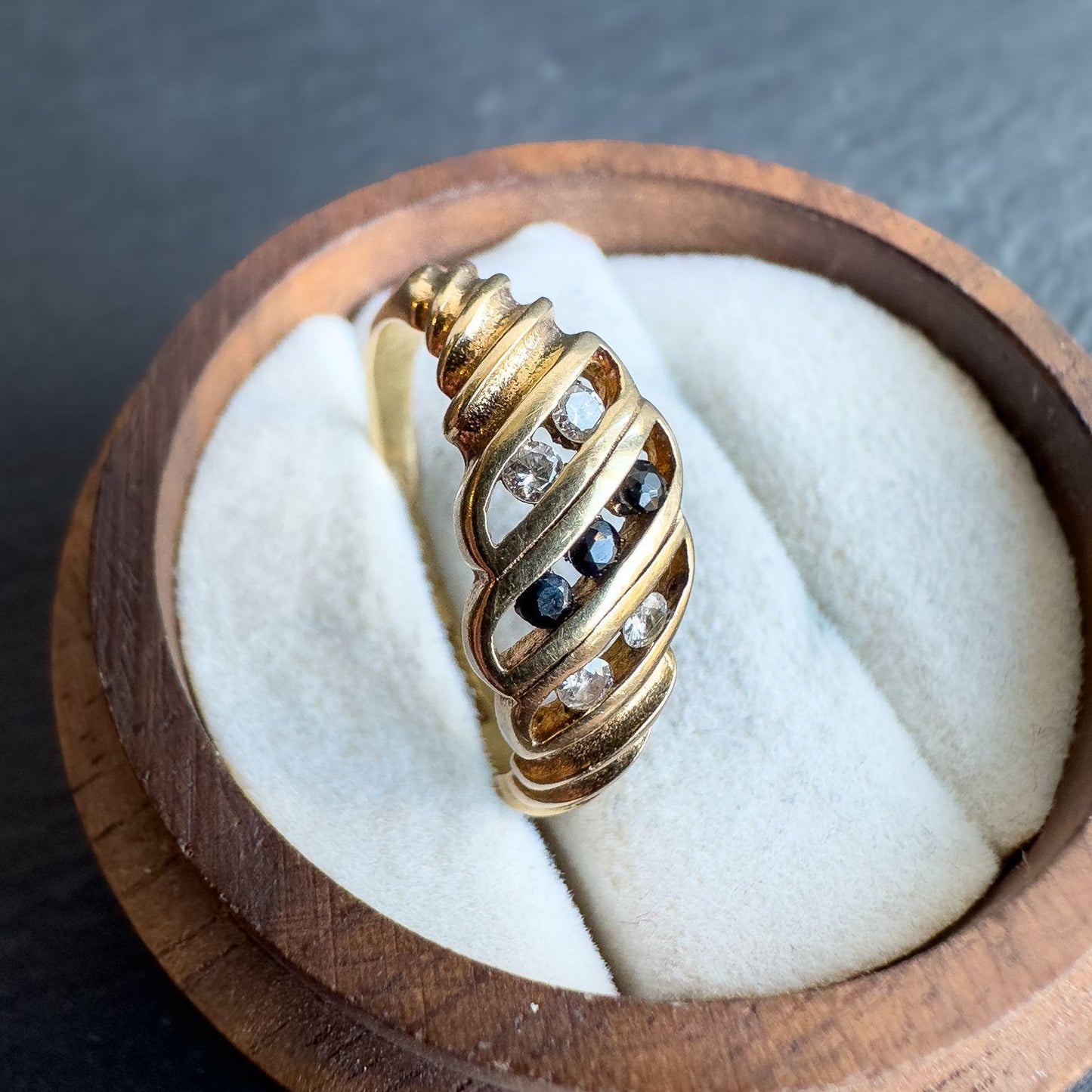 9ct Solid Gold Vintage Diamond & Sapphire Ring | UK O 1/2 - US 7.5 | English Hallmarked | Elegant Gold Band with Gems | Resizable |