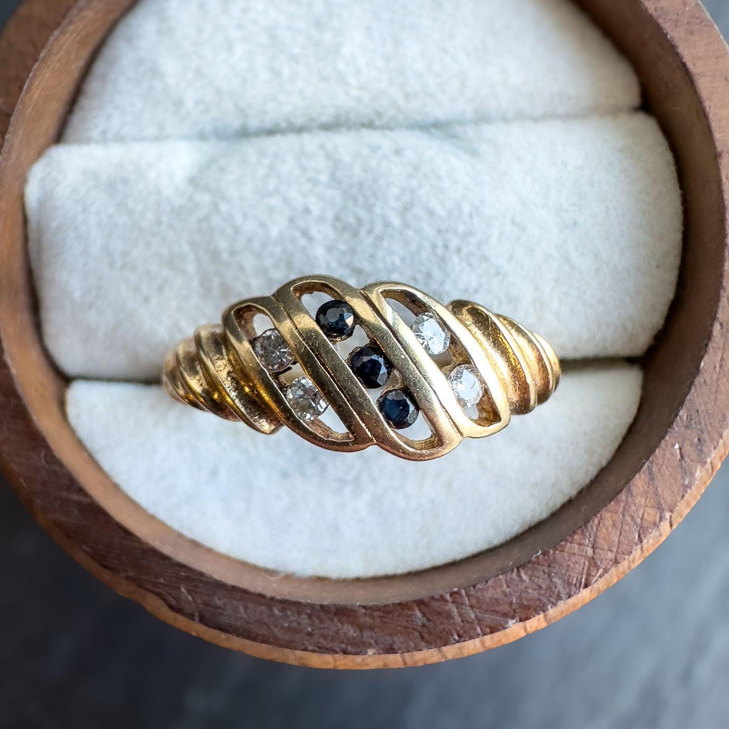 9ct Solid Gold Vintage Diamond & Sapphire Ring | UK O 1/2 - US 7.5 | English Hallmarked | Elegant Gold Band with Gems | Resizable |
