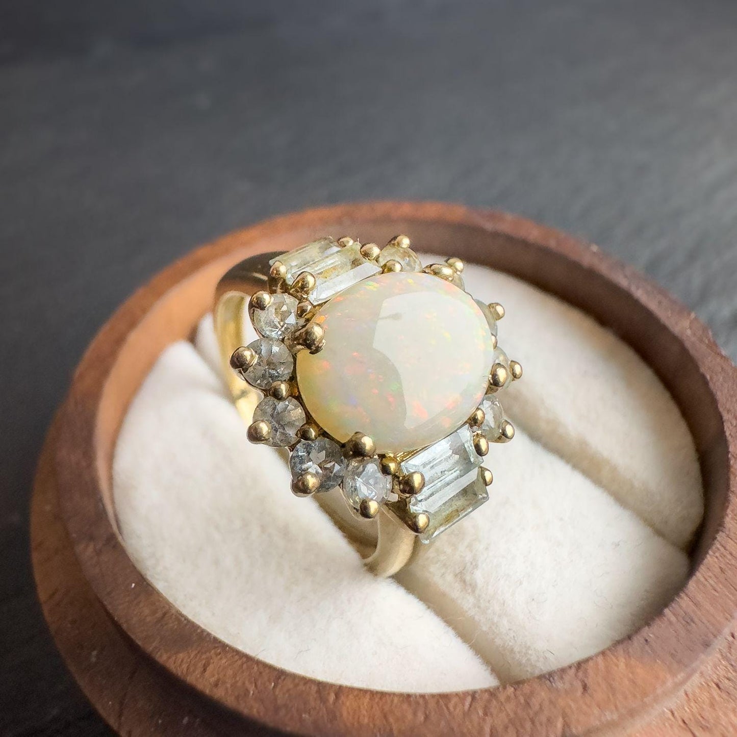9ct Solid Gold Vintage Opal and Aquamarine Ring | UK P / US 8 | English Hallmarked | Stunning Oval Opal with Aqua Accents | Resizable |