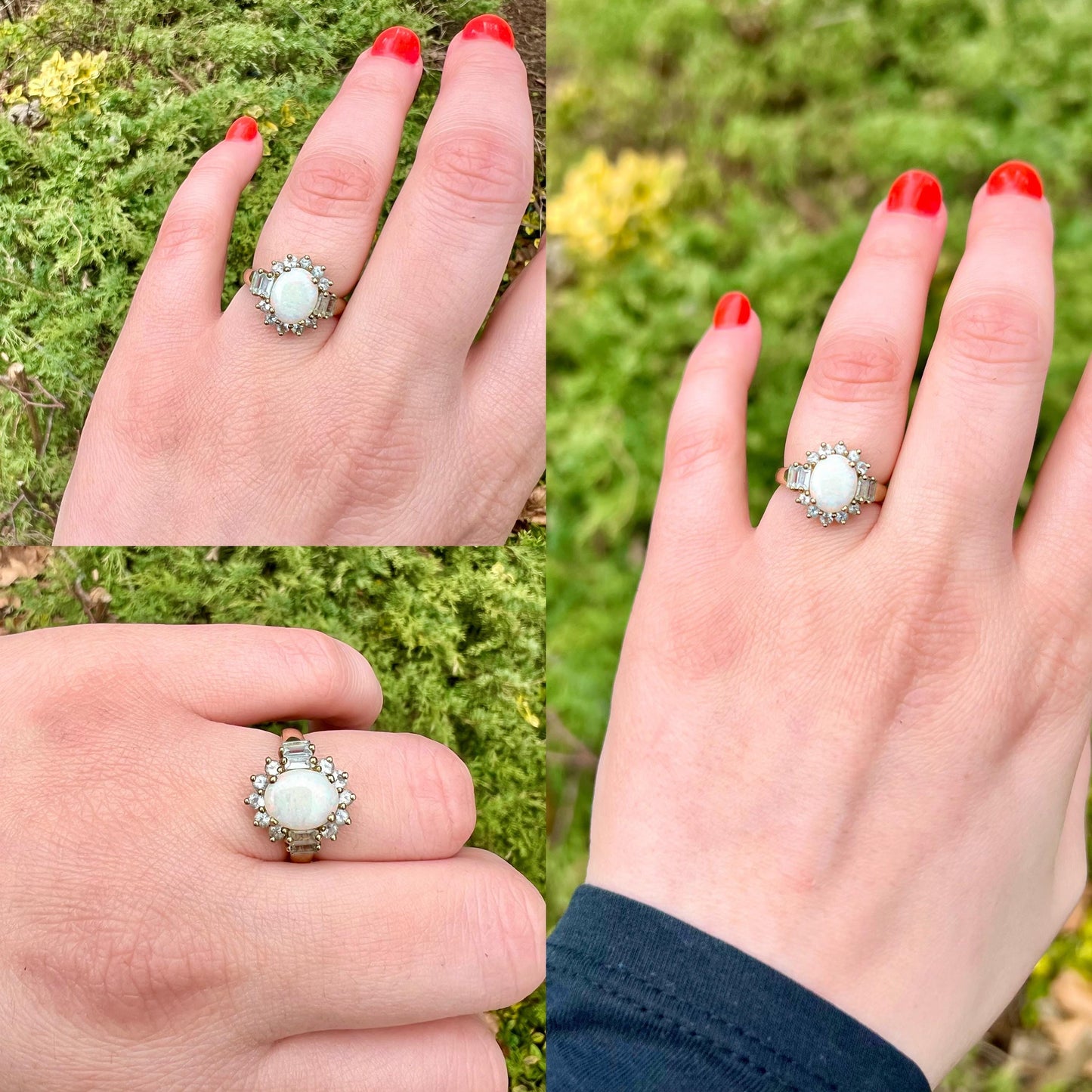 9ct Solid Gold Vintage Opal and Aquamarine Ring | UK P / US 8 | English Hallmarked | Stunning Oval Opal with Aqua Accents | Resizable |