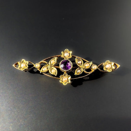 Antique, Edwardian, 15ct Yellow Gold, Floral Seed Pearl & Amethyst Brooch, 45mm X 15mm