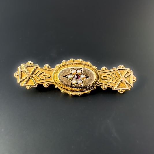 Antique, Victorian, 9ct Yellow Gold, Red Garnet & Seed Pearl Brooch, 1900 English Hallmarks, 39mm X 12mm