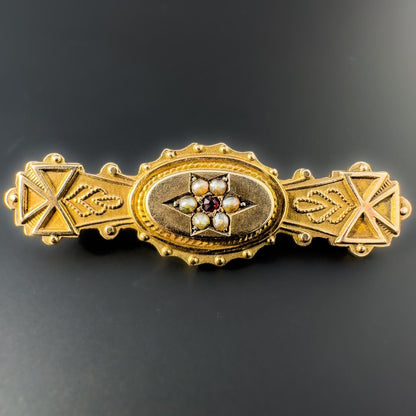 Antique, Victorian, 9ct Yellow Gold, Red Garnet & Seed Pearl Brooch, 1900 English Hallmarks, 39mm X 12mm