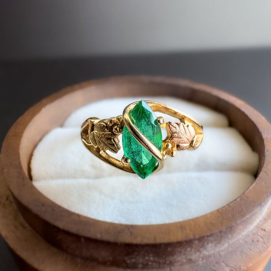 9ct |9K Gold | Vintage | Marquise Emerald Fancy Ivy Foliate Ring | Statement Ring | English Hallmarks |