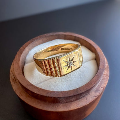 9ct Gold | Solid Gold | Vintage | Diamond Set Gypsy Ring | Large Signet Ring | UK SIze W 1/2 | English Hallmarks |