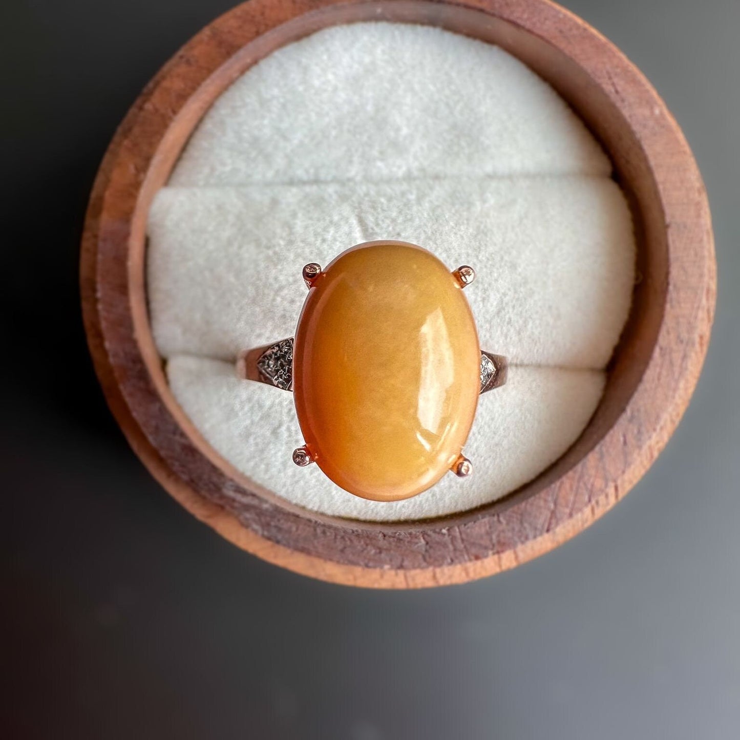 9ct | 9k Rose Gold | Vintage | Peach Moonstone Caboucon & Diamond Shoulder Ring | Statment Ring | Cocktail Ring | English Hallmarks |
