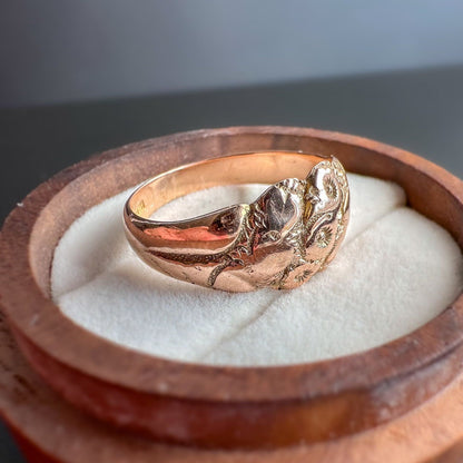 Antique | Beuatiful Victorian | 9ct | 9k Rose Gold | Fancy Floral & Heart Foliate Band Ring | Solid Gold | SIgnet Ring | Hallmarked 1909 |
